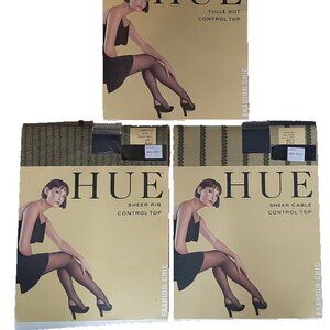3 Packages of HUE Sheer Rib, Tulle Top & Sheer Cable Control Top Size 2 Black